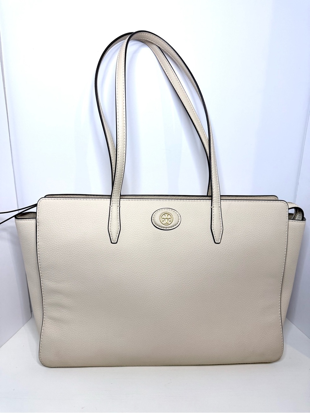 Tory Burch Ivory Pebbled Leather Large  Tote Shoulder Bag Gold Logo